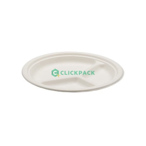 Set Farfurie carton biodegradabil (trestie de zahar) D26cm - 3 compartimente - CLICKPACK
