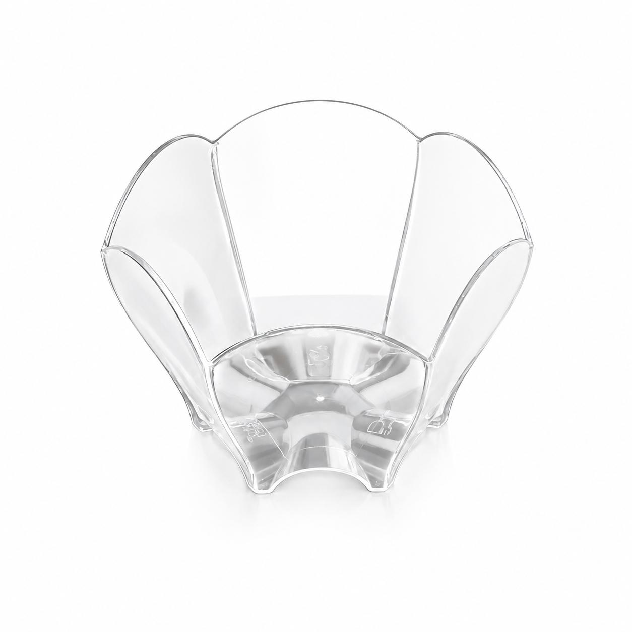 cupa transparenta din ps in forma de floare cu 6 laturi, potrivita pentru servirea aperitivelor, mini deserturilor si pentru degustari, volum 70cc