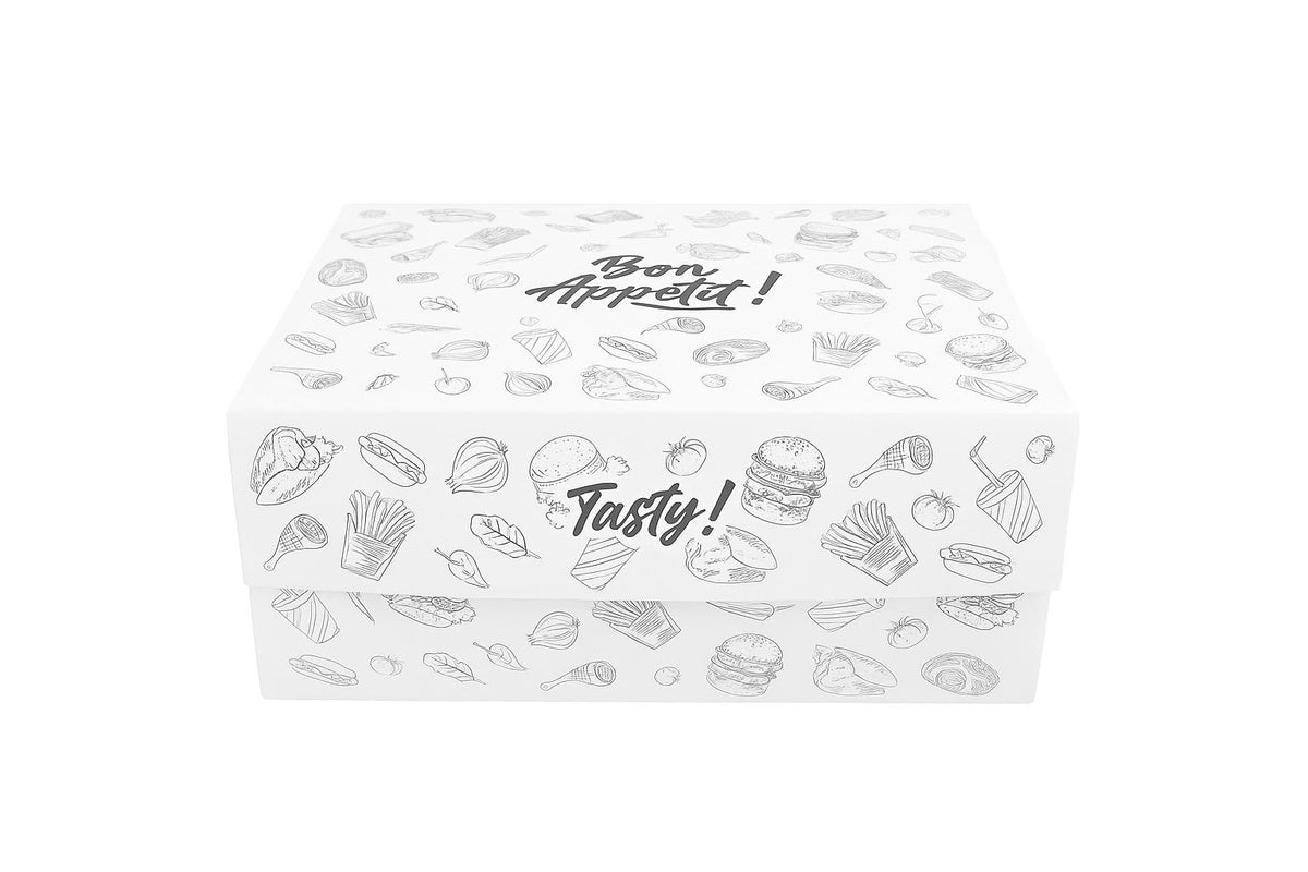 CUTIE PENTRU PUI 0.5KG ( INTERIOR ALUMINIU ) - CUTIE DREPTUNGHIULARA ALBA CU DESIGN MODERN DIN CARTON CU CAPAC ATASAT SI SCRIS BON APETIT SI TASTY- CLICKPACK