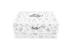 CUTIE PENTRU PUI 0.5KG ( INTERIOR ALUMINIU ) - CUTIE DREPTUNGHIULARA ALBA CU DESIGN MODERN DIN CARTON CU CAPAC ATASAT SI SCRIS BON APETIT SI TASTY- CLICKPACK