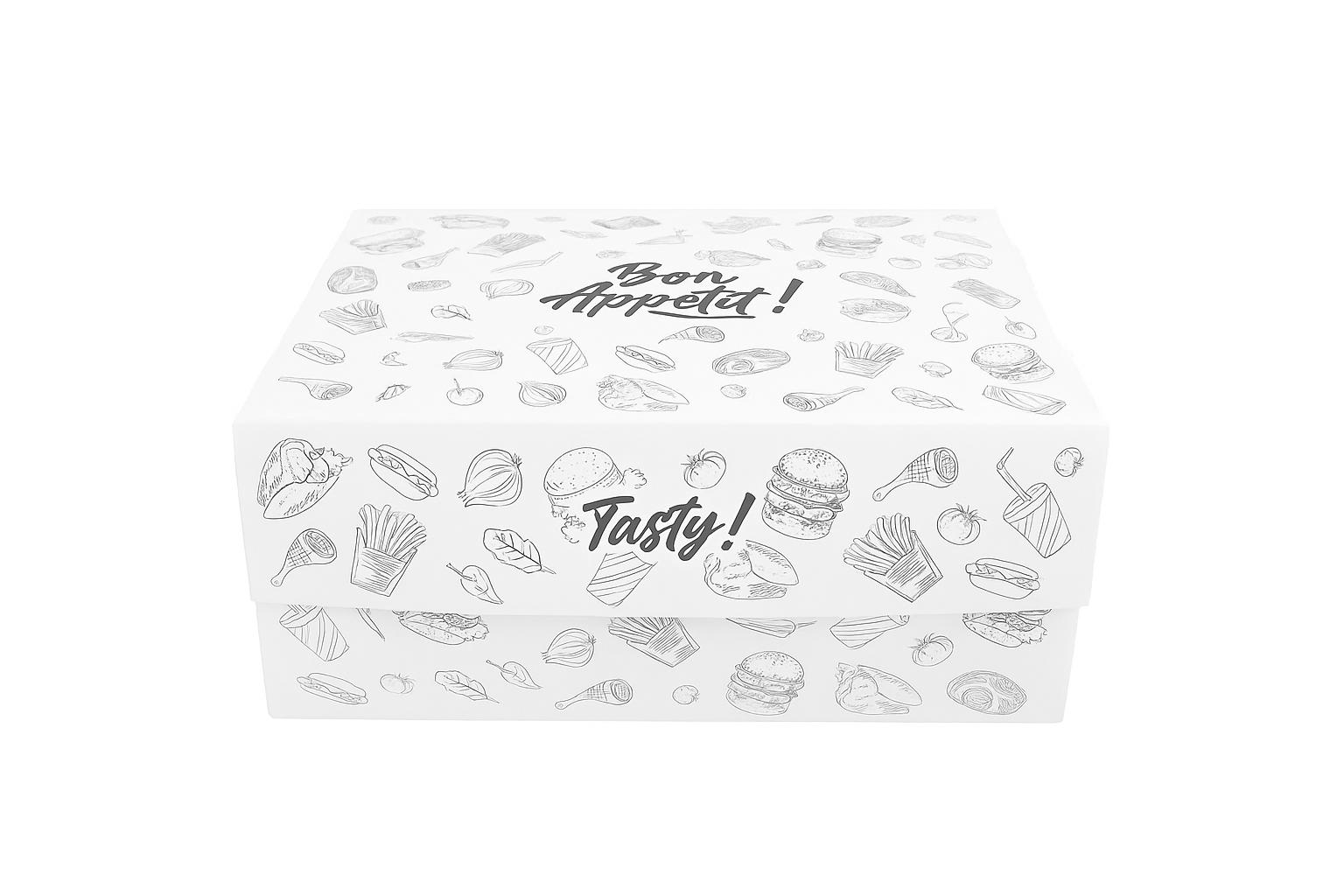 CUTIE PENTRU PUI 1KG ( INTERIOR ALUMINIU ) - CUTIE DREPTUNGHIULARA ALBA CU DESIGN MODERN DIN CARTON CU CAPAC ATASAT SI SCRIS BON APETIT SI TASTY- CLICKPACK