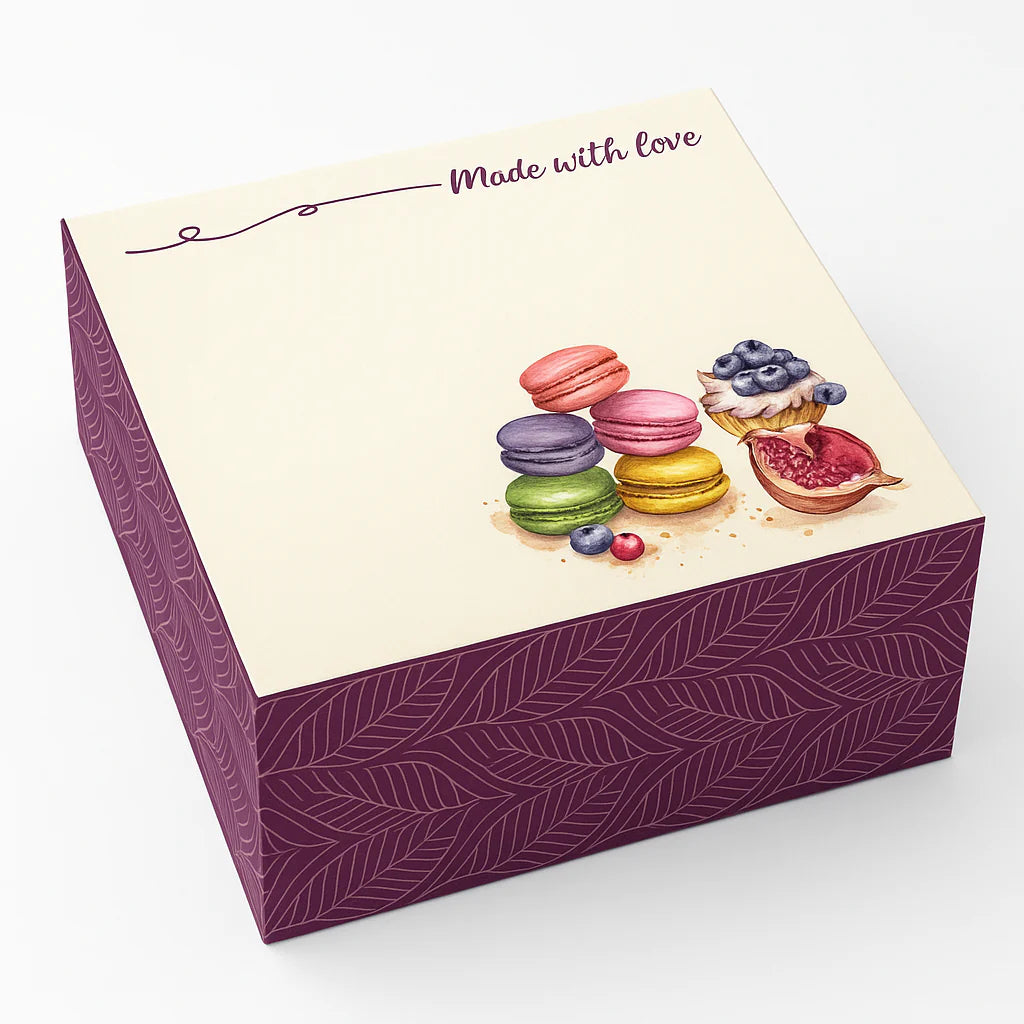 cutie pentru prajituri, baza mov cu model in valuri, capac alb cu scris "made with love", macaroons, smochine, tarta cu afine, dimensiune 18X18X8cm
