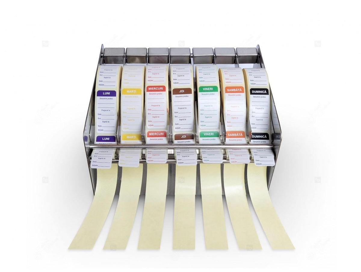 Dispenserul de etichete HACCP, zilele saptamanii LP001 este un dispenser manual de etichete in rola ce se caracterizeaza prin structura sa simpla si compacta. Dispenserul nu dispune de sursa de alimentare, dezlipirea etichetelor facandu-se manual prin tragerea materialului de suport printre elementele metalice frontale ale dispenserului.

Acest dispenser are un design pentru asezare pe masa sau pe perete, iar rolele de etichete sunt independente, fiind usor de schimbat. 

Dispenserul manual de etichete HACC
