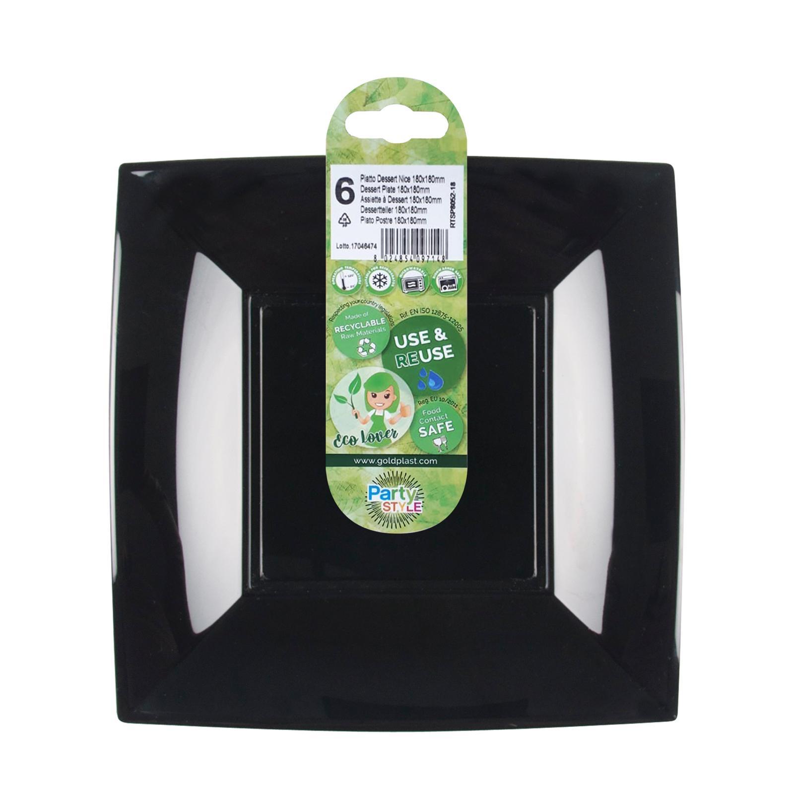 farfurie neagra, patrata, din ps, potrivita pentru servirea diverselor tipuri de deserturi, aperitive, dimensiune 18x18cm