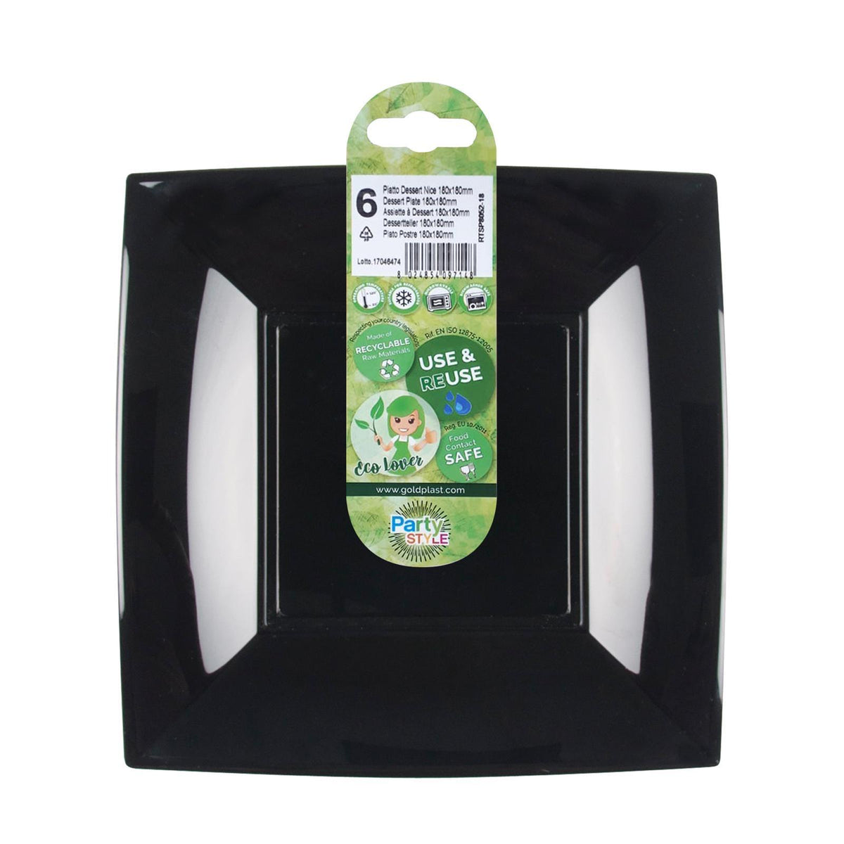 farfurie neagra, patrata, din ps, potrivita pentru servirea diverselor tipuri de deserturi, aperitive, dimensiune 18x18cm