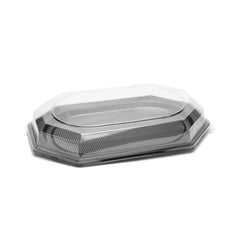 platou cu baza neagra si capac transparent, inalt, forma hexagonala, baza striata pentru a facilita transportul, dimensiune 55x30cm