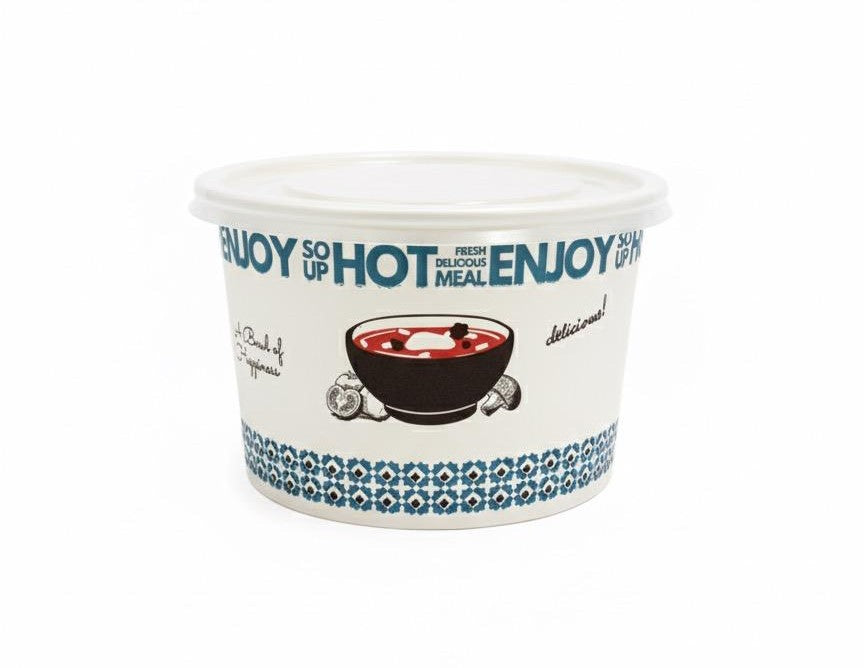 Set Bol din carton imprimat pentru supa 500ml + capac transparent